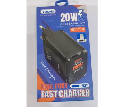 Chargers + Cables Yookie EI3Y fast charger PD 2output 3A 20W with Type C cable BK